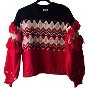 Anthropologie 525 America Margaret Fringe Fair Isle Sweater Red Black M Preppy